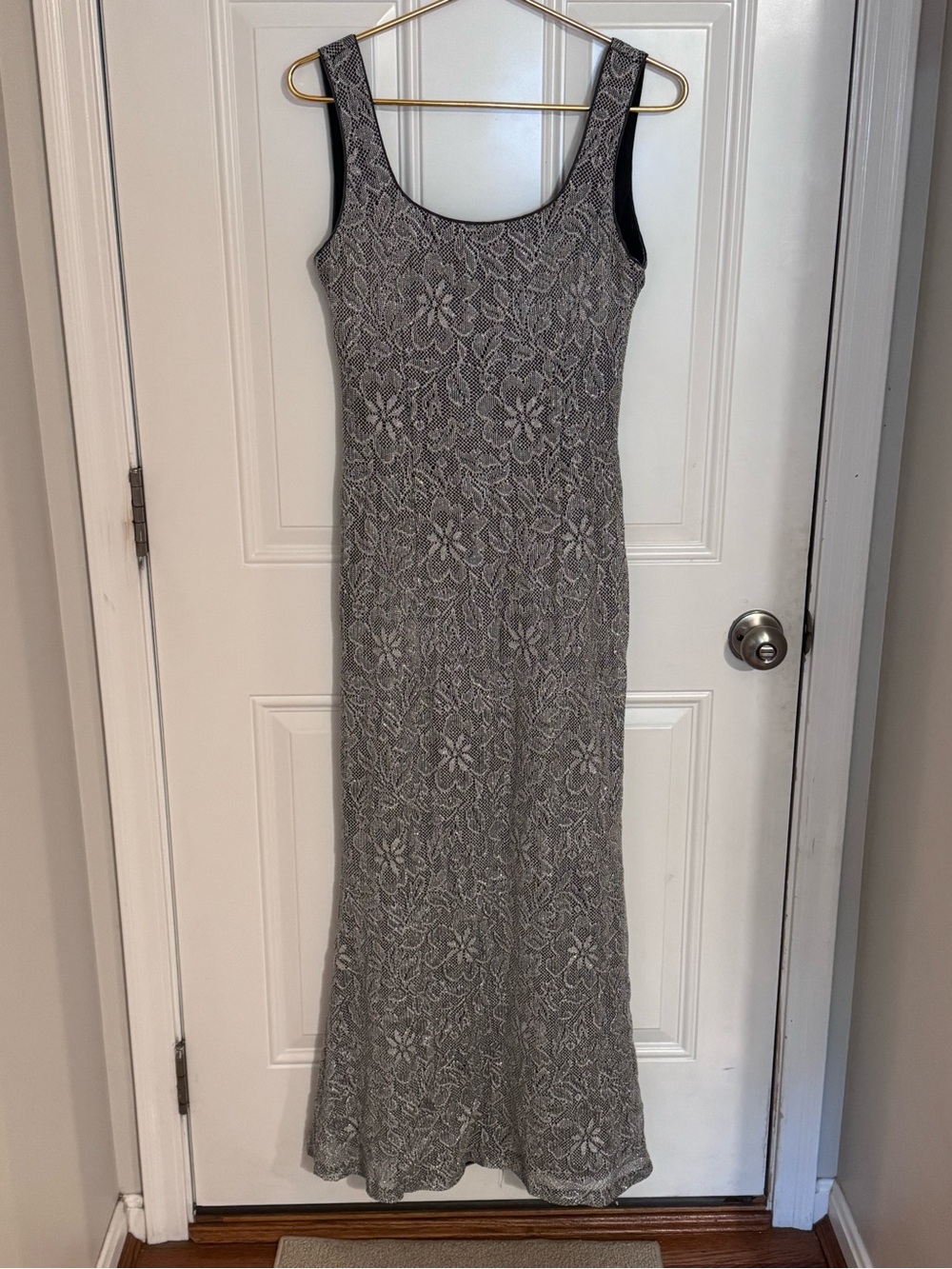 Vtg 90s Mr K Silver Floral Dress Lace Overlay Maxi Slip Elegant Formal sz 10 Med